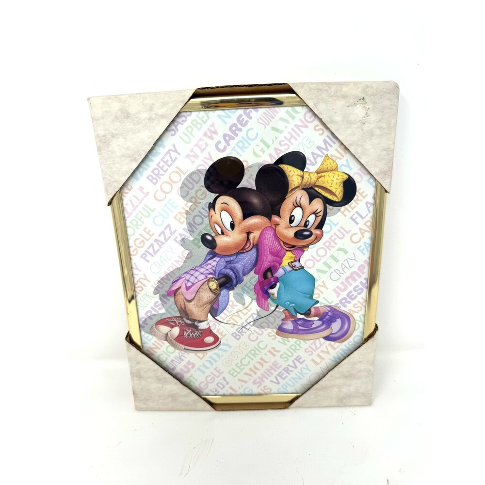 Vintage Walt Disney Mickey And Minnie Framed Art Poster Print 1986 10x8 NEW